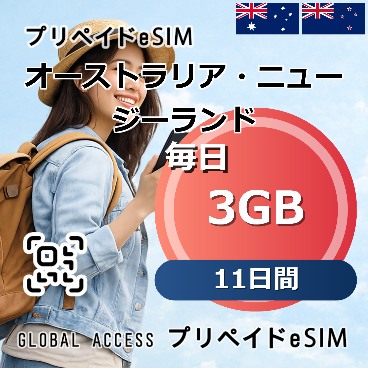 オーストラリア・ニュージーランド eSIM 3GB 毎日 11日間