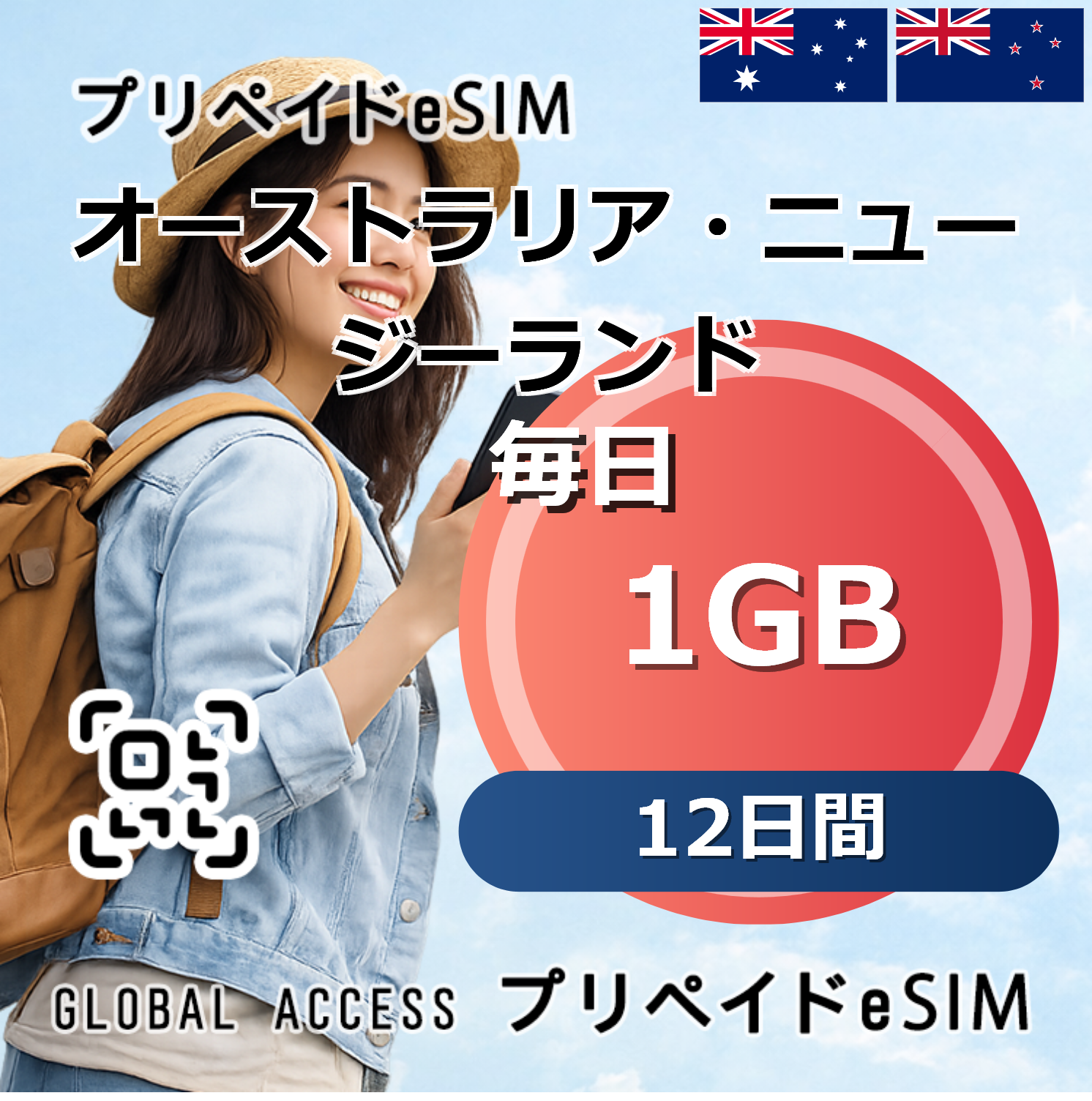 オーストラリア・ニュージーランド eSIM 1GB 毎日 12日間