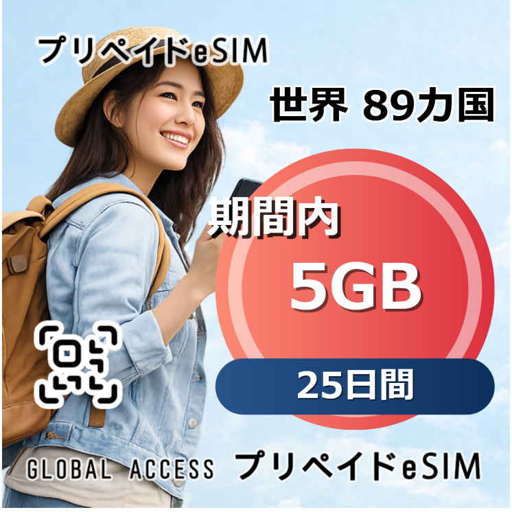 世界 89カ国 eSIM 5GB 25日間