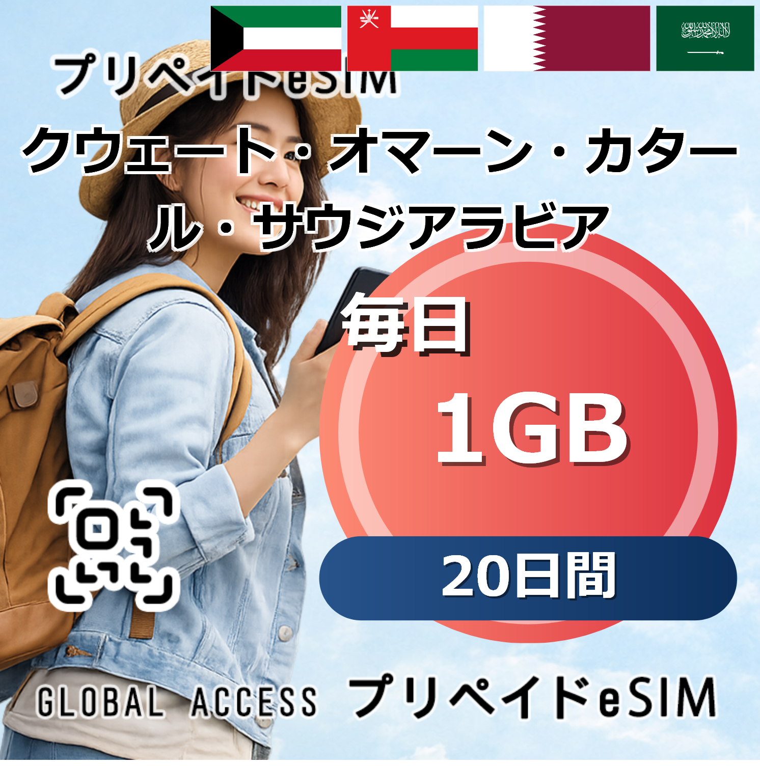 クウェート・オマーン・カタール・サウジアラビア 1GB 毎日 20日間