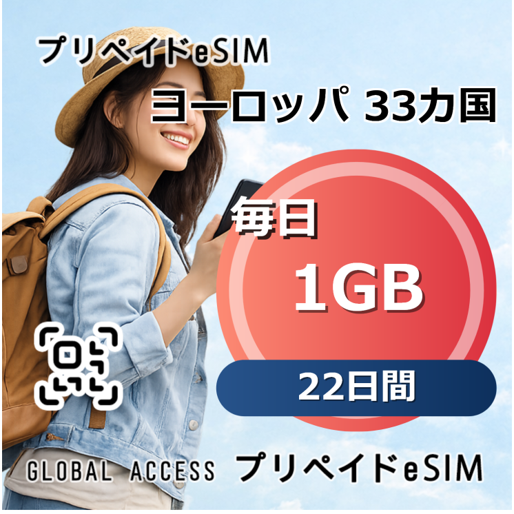 ヨーロッパ 33カ国 eSIM 1GB 毎日 22日間