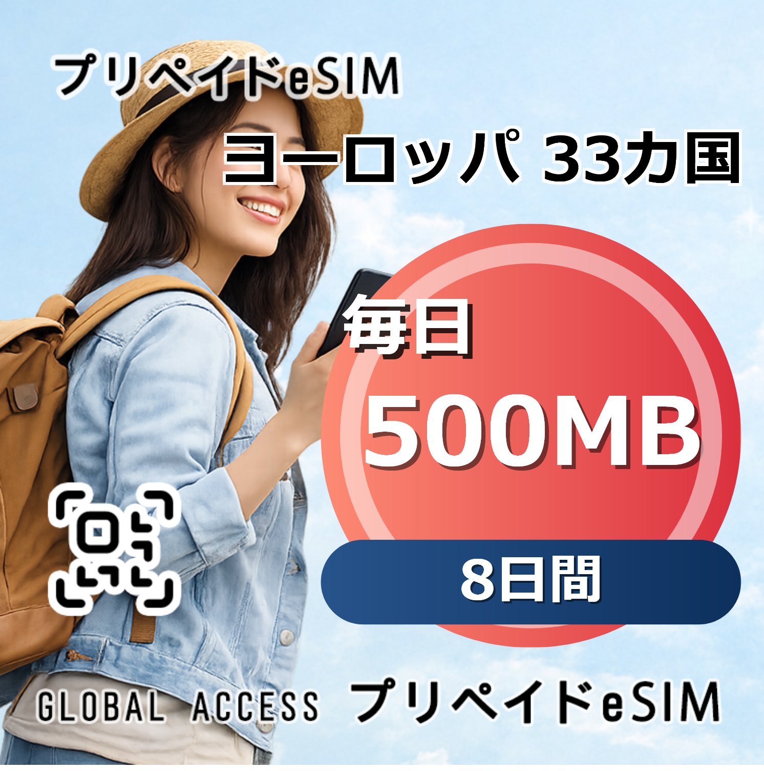 ヨーロッパ 33カ国 eSIM 500MB 毎日 8日間