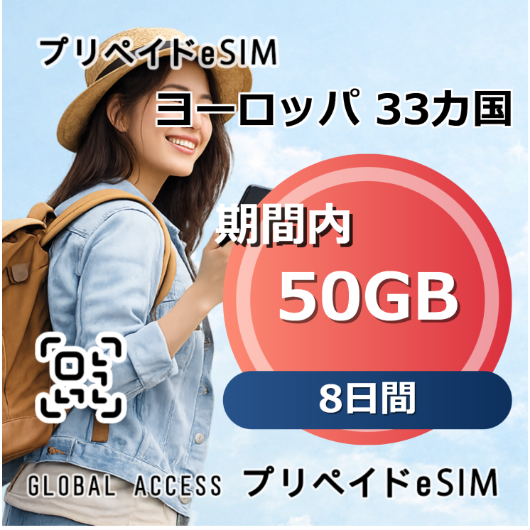 ヨーロッパ 33カ国 eSIM 50GB 8日間