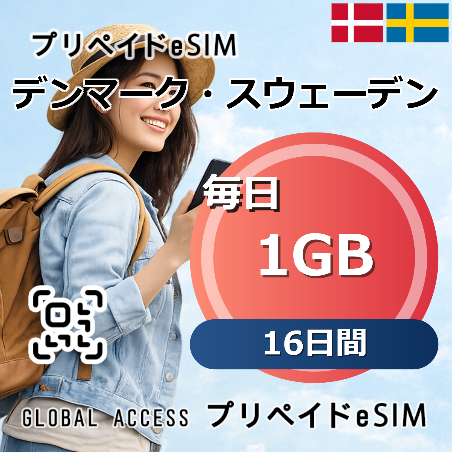 デンマーク・スウェーデン 1GB 毎日 16日間