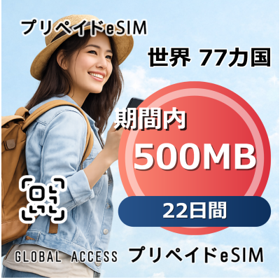 世界 77カ国 eSIM 500MB 22日間