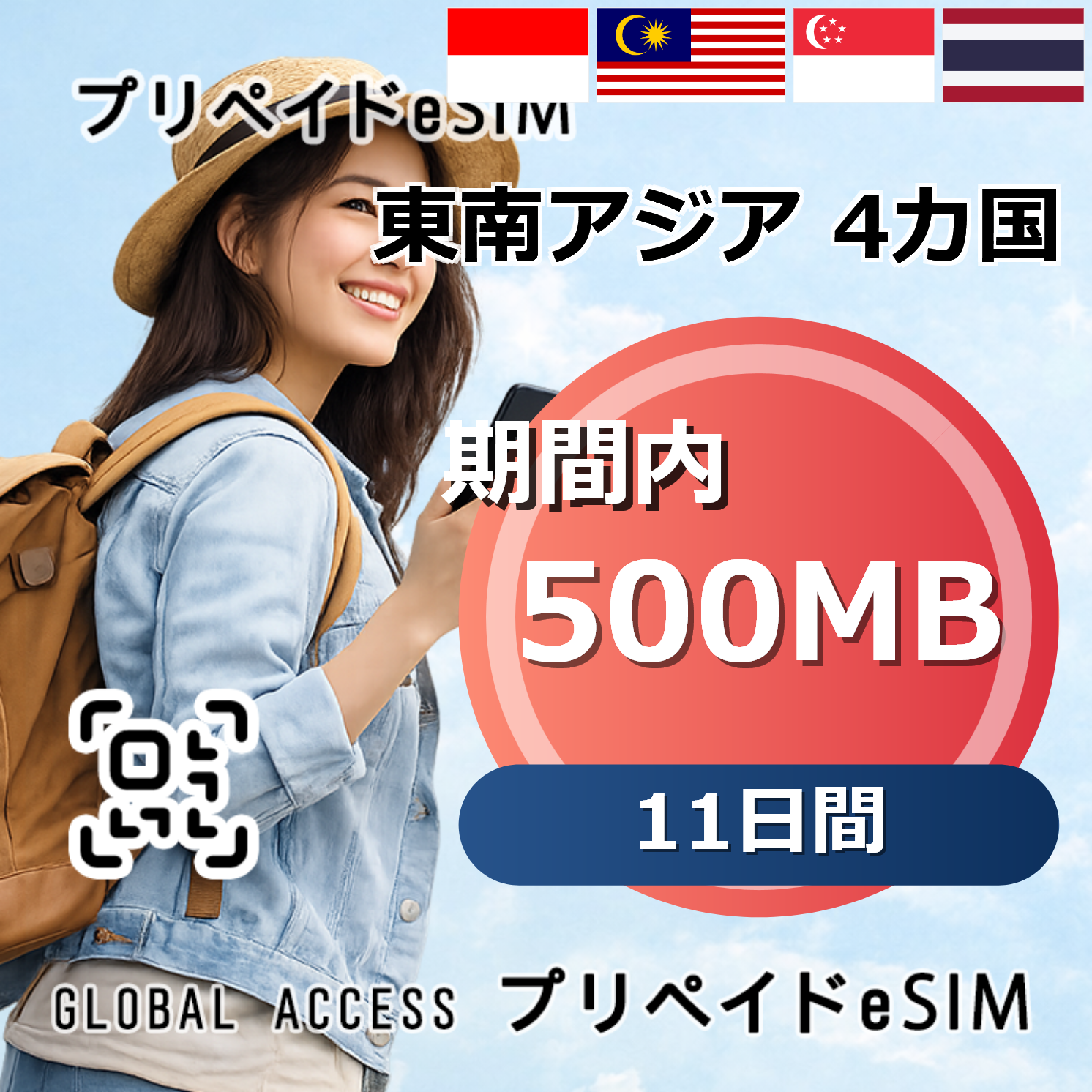 東南アジア 4カ国 eSIM 500MB 11日間