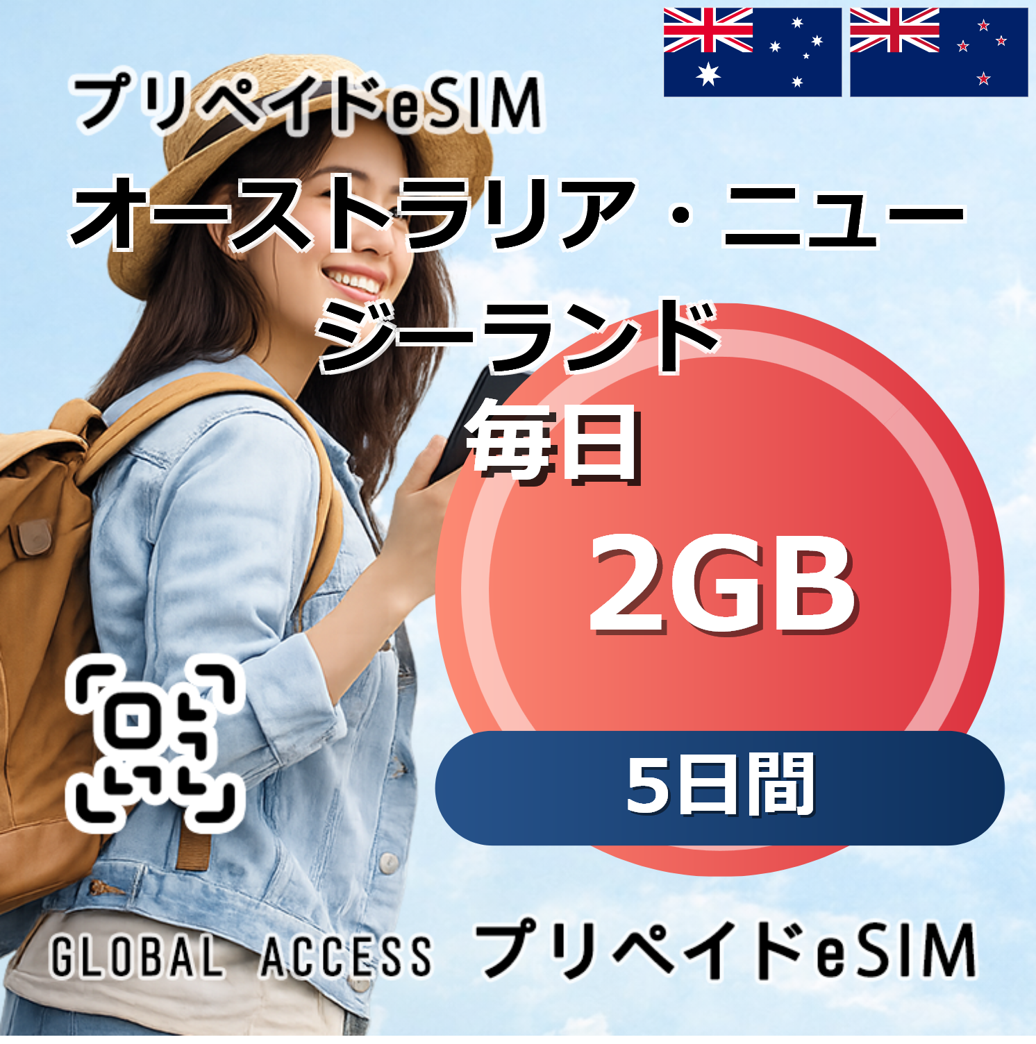 オーストラリア・ニュージーランド eSIM 2GB 毎日 5日間