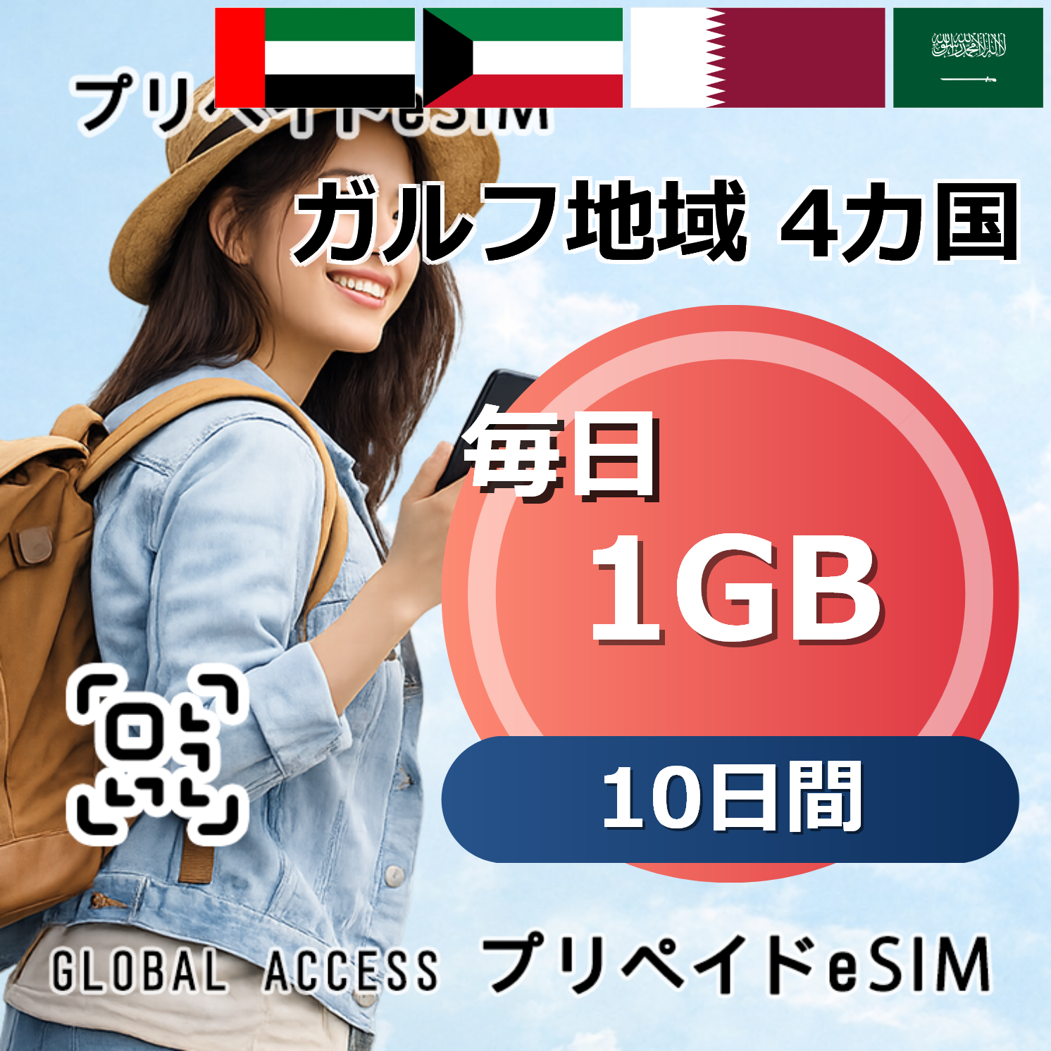 ガルフ地域 4カ国 eSIM 1GB 毎日 10日間