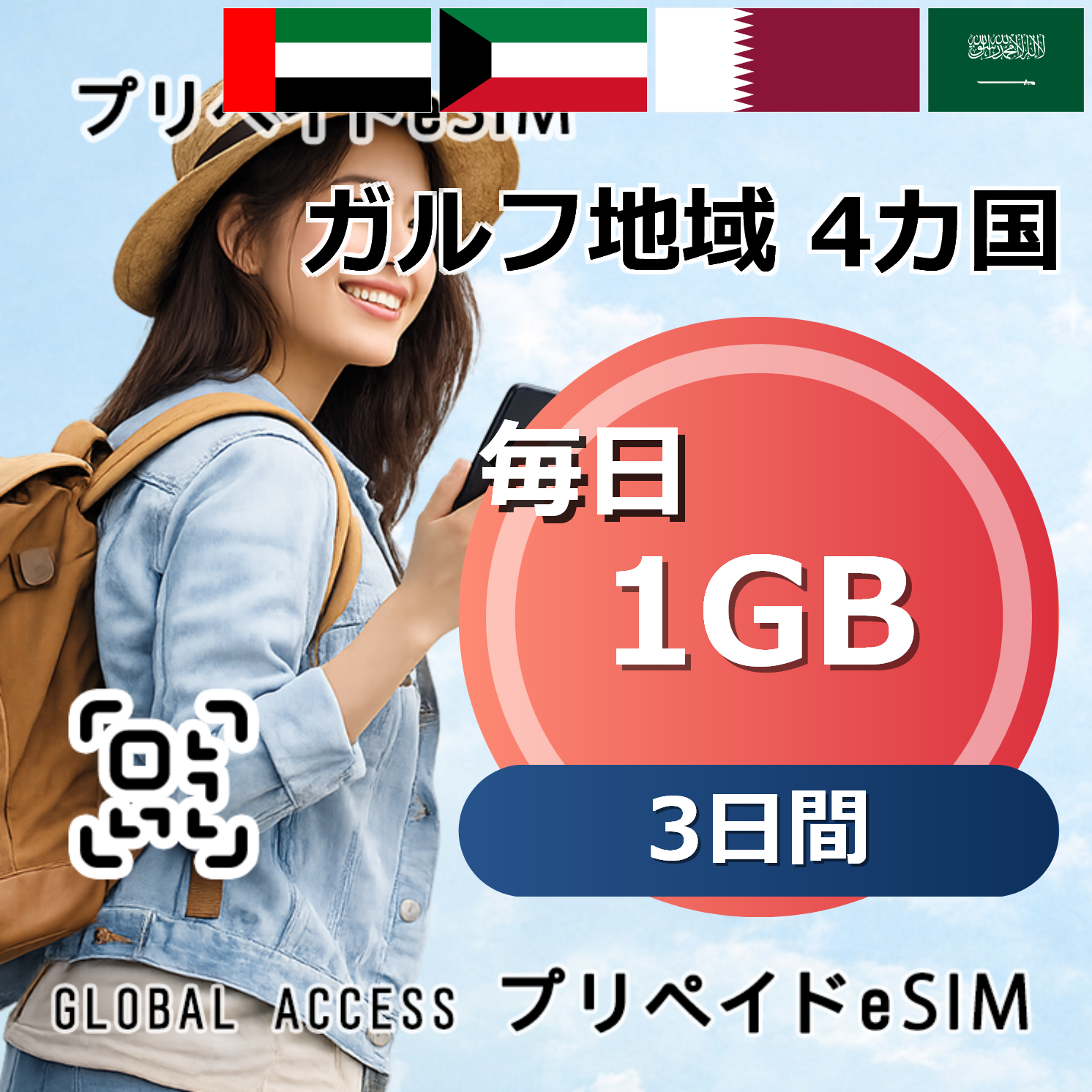 ガルフ地域 4カ国 eSIM 1GB 毎日 3日間