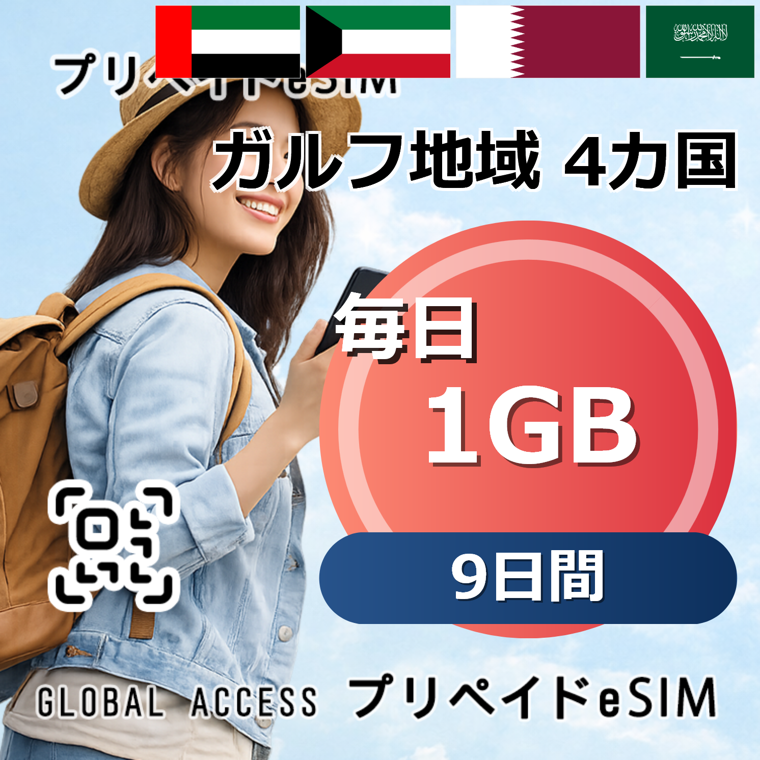 ガルフ地域 4カ国 eSIM 1GB 毎日 9日間